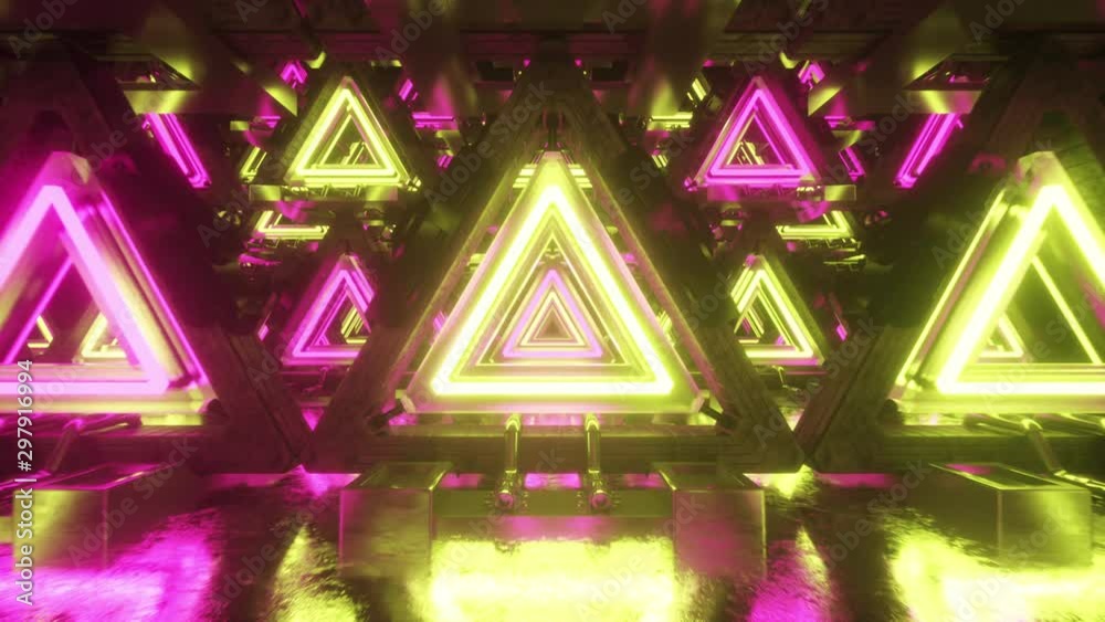 Abstract flying in metal futuristic corridor with triangles