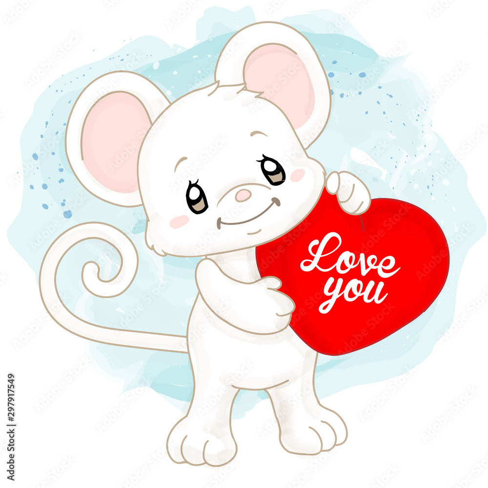 Fototapeta premium Cute watercolor white mouse with heart cushion