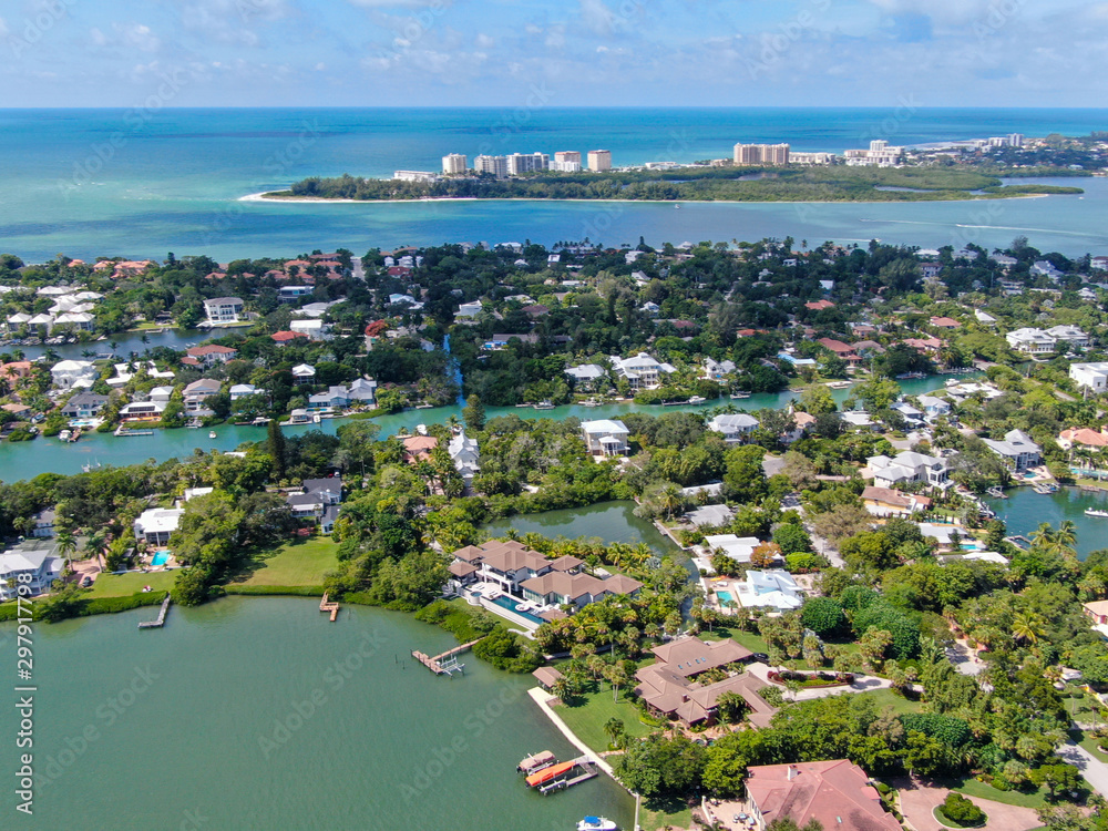 Aerial view of Siesta Key, barrier island in the Gulf of Mexico, coast of Sarasota, Florida. USA.