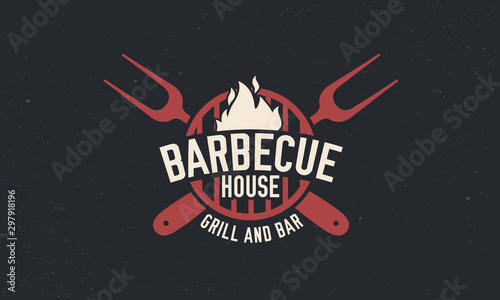 Trendy barbecue BBQ grill logo template. Vintage barbecue logo with grill fork. Retro poster for steakhouse, restaurant. Vector illustration