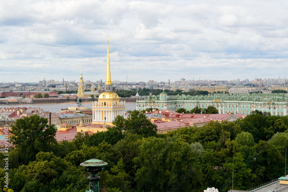 Saint Petersburg, Russia, August 2019. Panoramic aerial view of the city from the dome of Saint Isaac Cathedral. In this image is visible the Ermitage Museum and the Admiralteystvo building