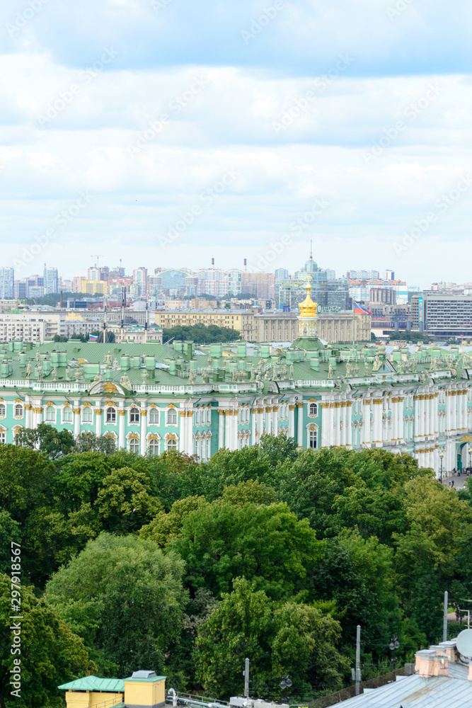 Saint Petersburg, Russia, August 2019. Panoramic aerial view of the city from the dome of Saint Isaac Cathedral. In this image is visible the Ermitage Museum Saint Petersburg, Russia, August 2019. Panoramic aerial view of the city from the dome of Saint Isaac Cathedral. In this image is visible the Ermitage Museum