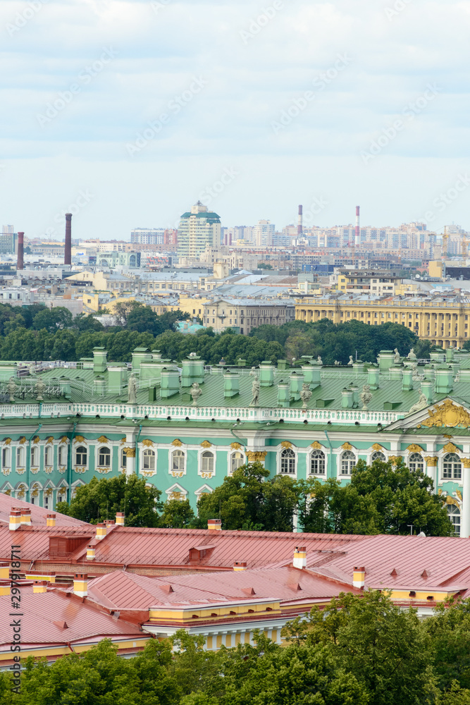 Saint Petersburg, Russia, August 2019. Panoramic aerial view of the city from the dome of Saint Isaac Cathedral. In this image is visible the Ermitage Museum
