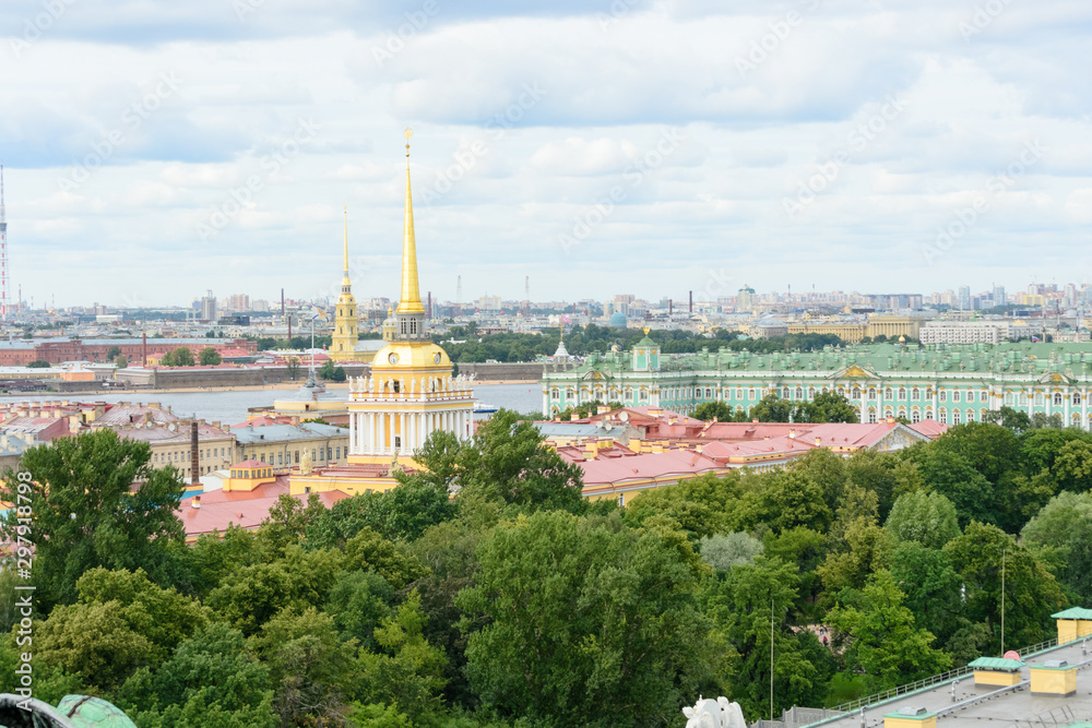 Saint Petersburg, Russia, August 2019. Panoramic aerial view of the city from the dome of Saint Isaac Cathedral. In this image is visible the Ermitage Museum and the Admiralteystvo building
