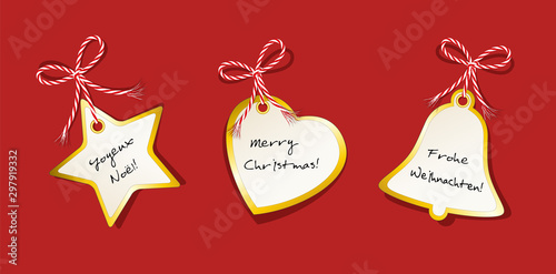 Weihnachts Karten Set, Stern, Herz und Glocke mit Grüße international, in deutsch, englisch und französisch, Etiketten Sammlung, Geschenkanhänger Set mit Goldrand und Schleife, Vektor Illustration iso