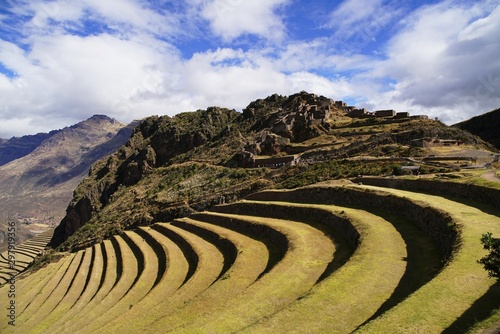 Terraces of Pisac in the Urubamba valley in the Andes of Peru