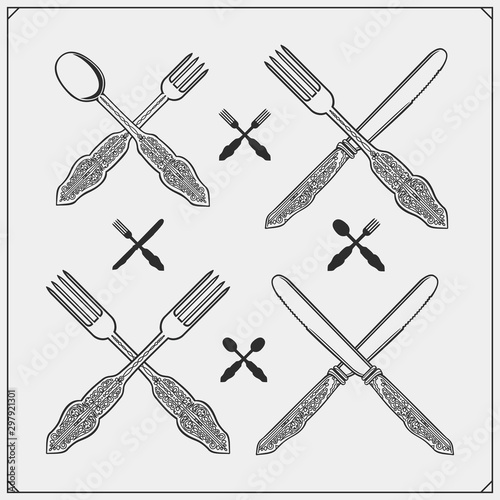 Vintage cutlery emblems. Outline drawing spoon, fork and knife. Cooking design.