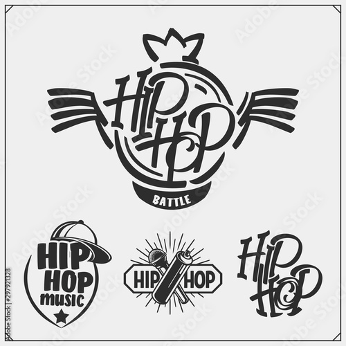 Hip-hop and rap emblems, attributes and accessories. Poster templates and design elements.