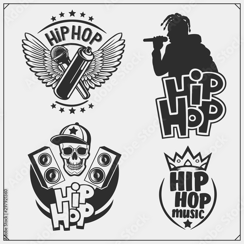 Hip-hop and rap emblems, attributes and accessories. Poster templates and design elements.