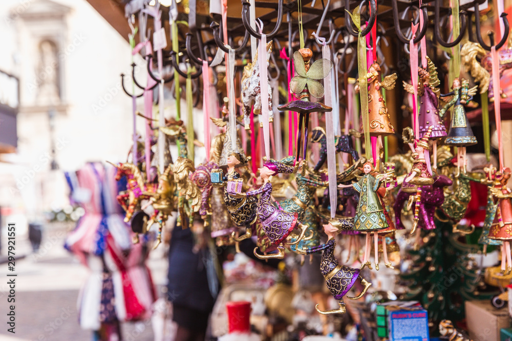 Multicolored Christmas decorations in Budapest Christmas market.
