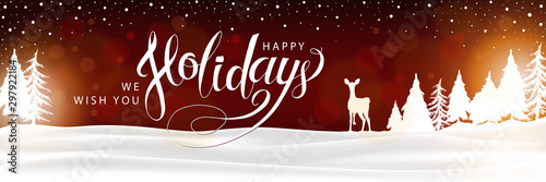 Happy Holidays Winter Landscape Background. Christmas lettering banner. XMas Greeting on Red with Fir Tree and Deer