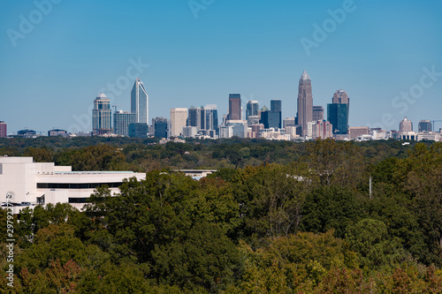 Charlotte  North Carolina city skyline in early autumn with blue skies