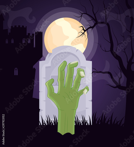 halloween dark cemetery scene with zombie hand