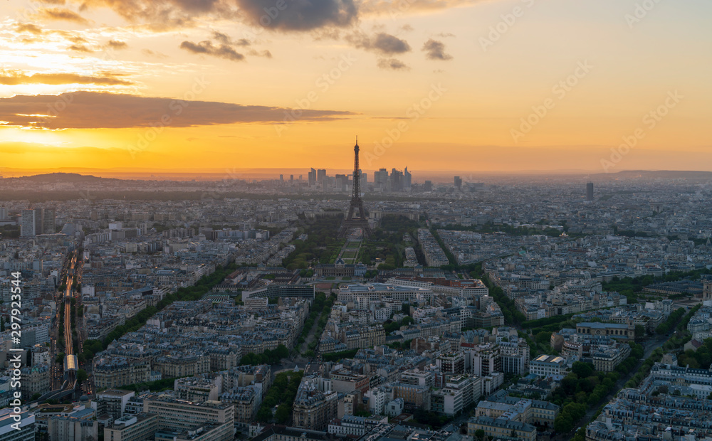 Aerial view of Paris skyline during sunset