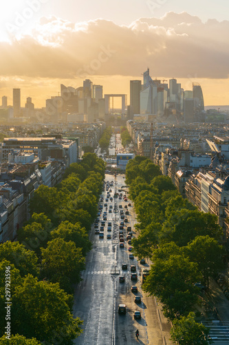 View of Paris skyline and La Defense at dusk, sunset