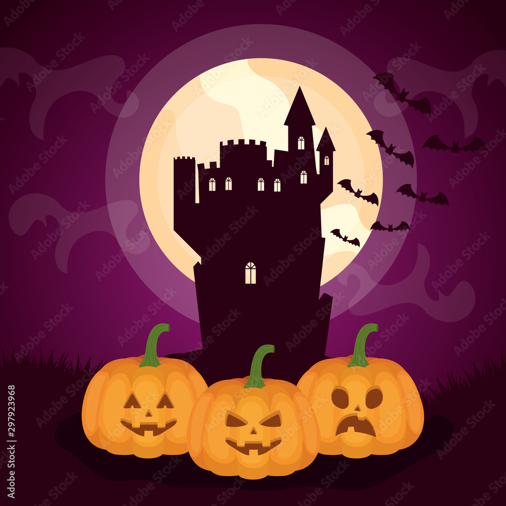 halloween dark scene castle with pumpkins