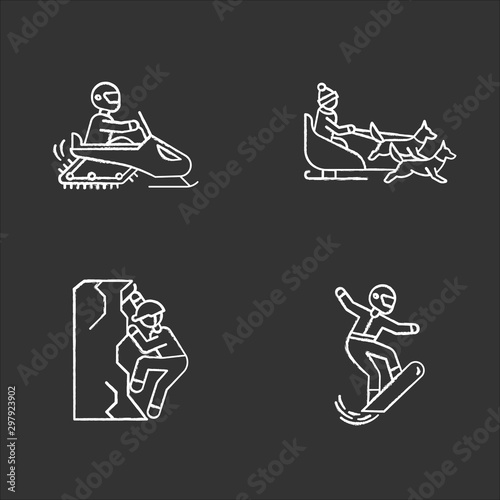 Extreme winter activity chalk icons set. Risky sport, adventure. Cold season outdoor leisure. Snowboarding, ice climbing, snowmobiling and dog sledding. Isolated vector chalkboard illustrations