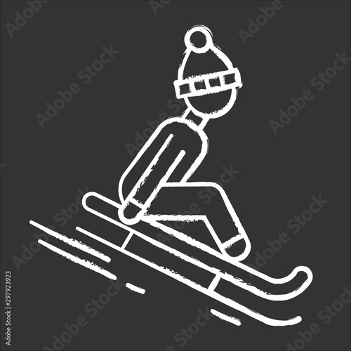 Sledding chalk icon. Winter extreme sport, risky activity and adventure. Sleigh riding. Cold season outdoor leisure for children and adults. Person sledging. Isolated vector chalkboard illustration