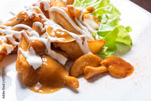 fried potatoes with honey mushrooms and herbs. photo