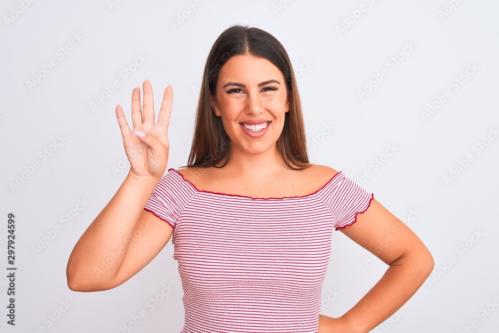 Portrait of beautiful young woman standing over isolated white background showing and pointing up with fingers number four while smiling confident and happy. Portrait of beautiful young woman standing over isolated white background showing and pointing up with fingers number four while smiling confident and happy.