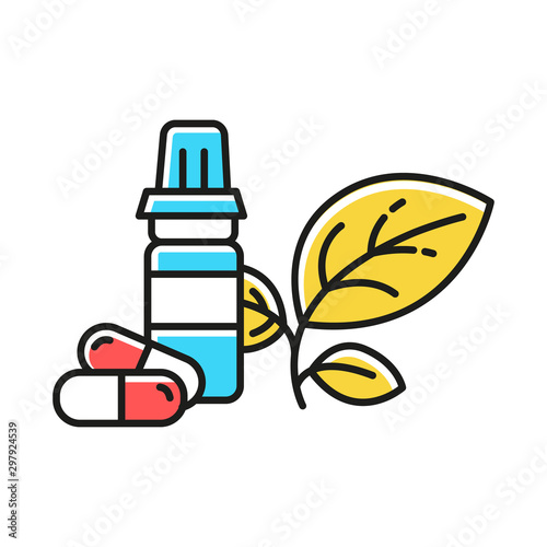 Health products color icon. Medication and pills, medical prescription. Vitamins and dietary supplements. Medicine and pharmaceutics concept. E commerce department. Isolated vector illustration