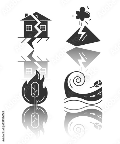 Natural disaster drop shadow black glyph icons set. Global catastrophes. Wildfire, earthquake, volcanic eruption, tsunami. Destructive force of nature. Isolated vector illustrations