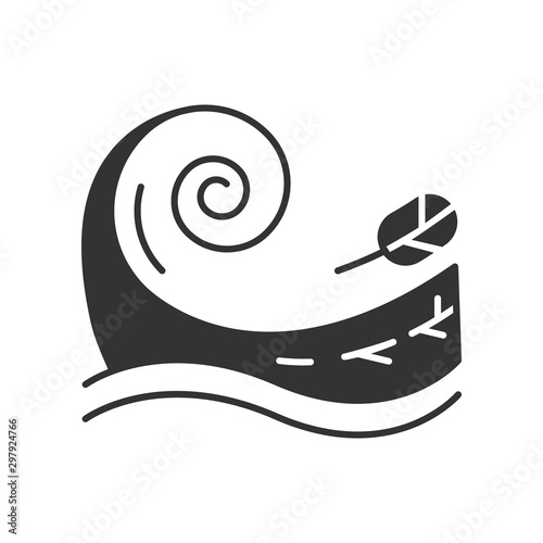 Tsunami glyph icon. Sea storm. Water splash. Groundswell. Tide. Flash flood. Sudden and destructive movement of water. Ocean wave, leaf. Silhouette symbol. Negative space. Vector isolated illustration