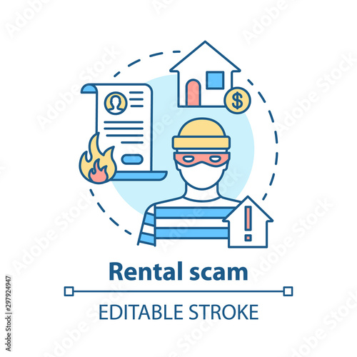 Rental scam concept icon. Housing fraud. Fake house for rent. Leasing swindle. Home buying, mortgage criminal scheme idea thin line illustration. Vector isolated outline drawing. Editable stroke