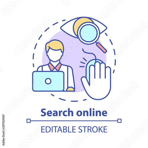 Search online concept icon. Searching information on Internet. Data researching. Secretary, assistant. Work at computer idea thin line illustration. Vector isolated outline drawing. Editable stroke
