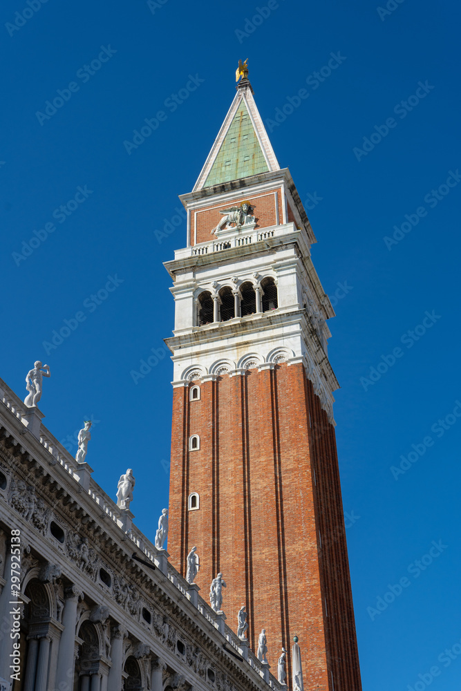 Campanile bell tower Piazza San Marco or Saint Mark's Square. Travel photo. Venice. Italy. Europe.
