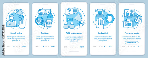 Scam prevention onboarding mobile app page screen with linear concepts. Five walkthrough steps graphic instructions. Free scam alerts. Search online. UX, UI, GUI vector template with illustrations