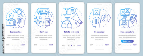 Scam prevention onboarding mobile app page screen vector template. Search online. Walkthrough website steps with linear illustrations. UX, UI, GUI smartphone interface concept
