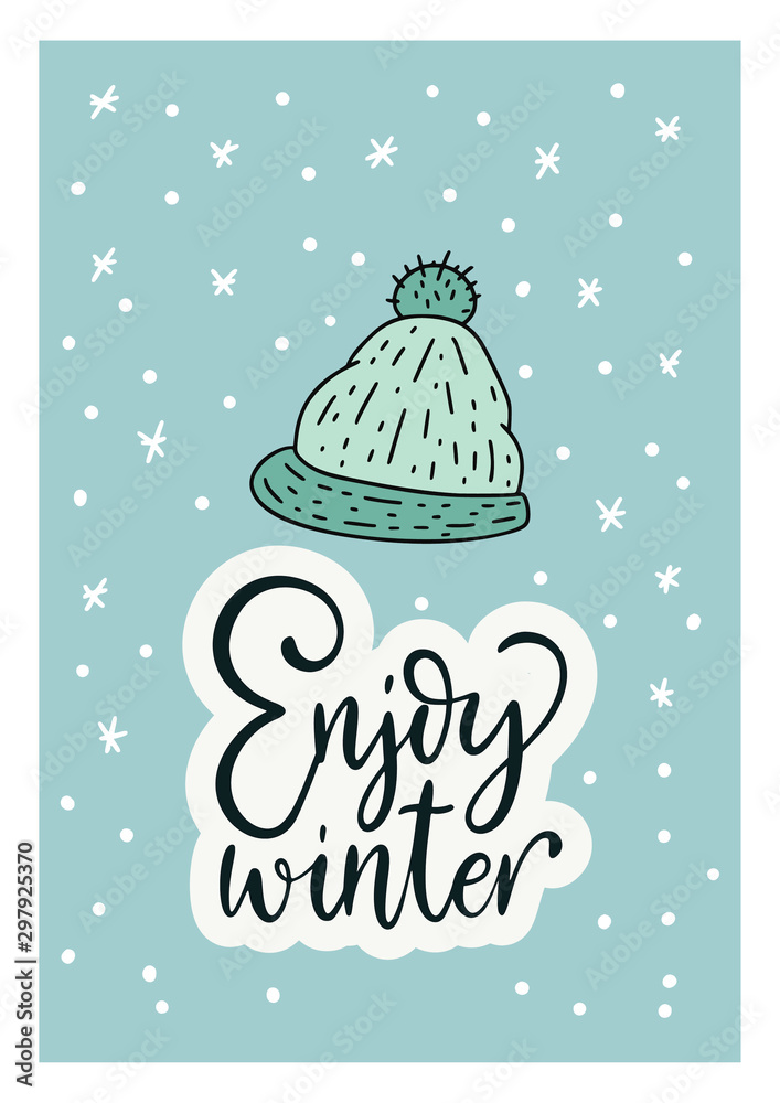 Naklejka premium Winter vector card. Hand Drawn Merry Christmas Cartoon Doodle art with lettering quote Enjoy winter.