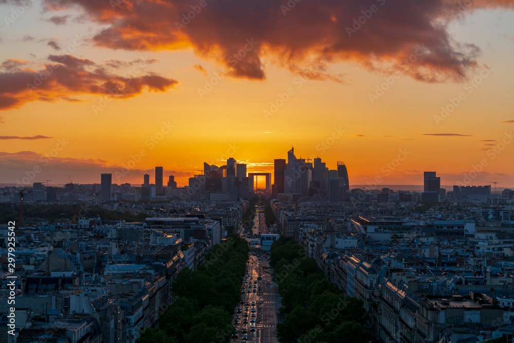Paris La Defense skyline at twilight, sunset