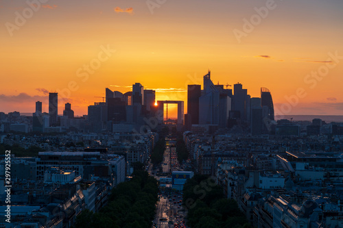 Photography Paris La Defense skyline at twilight, sunset