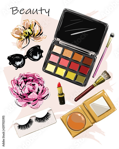 Hand drawn cute set with cosmetics. Eyeshadow palettes, lipstick, brushes, false eyelashes, sunglasses and flowers. Sketch. Vector illustration.