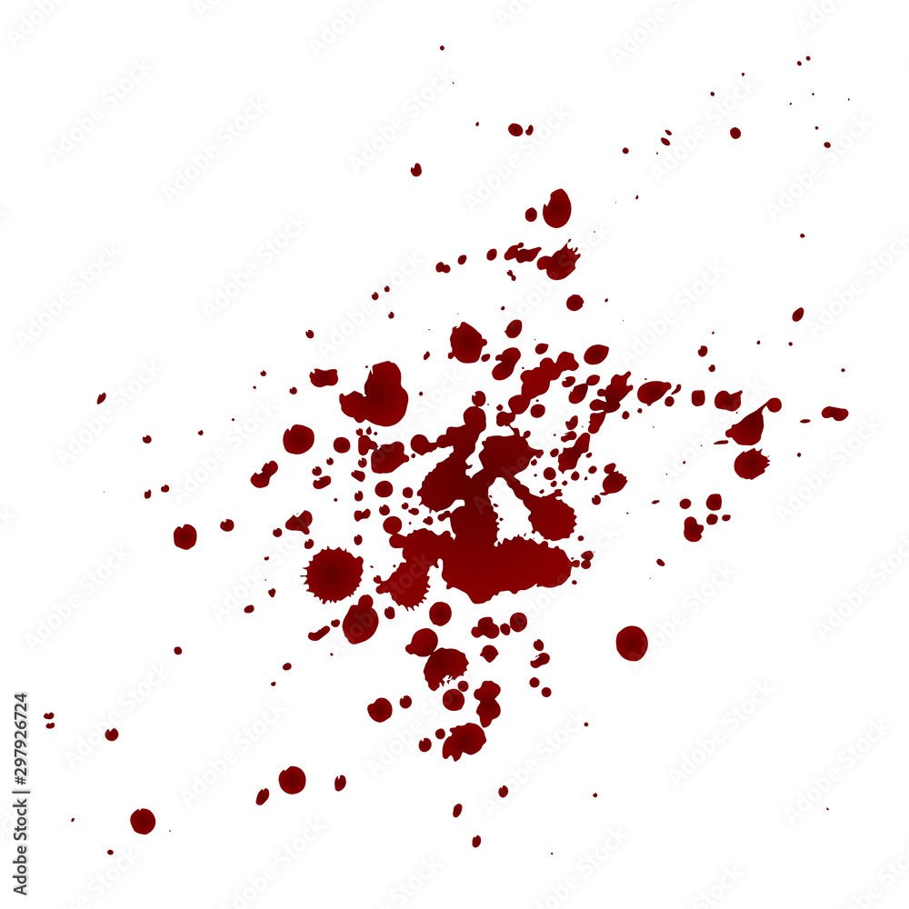 Realistic bloody splatters. Drop and blob of blood. Bloodstains. Red puddles. Vector illustration isolated on white background.