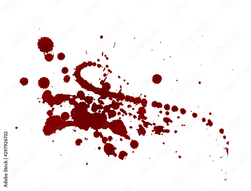 Realistic bloody splatters. Drop and blob of blood. Bloodstains. Red puddles. Vector illustration isolated on white background.