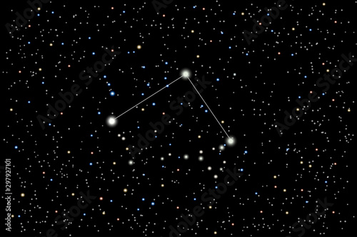 Vector illustration of the constellation  Coma Berenices (Berenice's hair) on a starry black sky background. The astronomical cluster of stars in the constellation in the northern  hemisphere. 