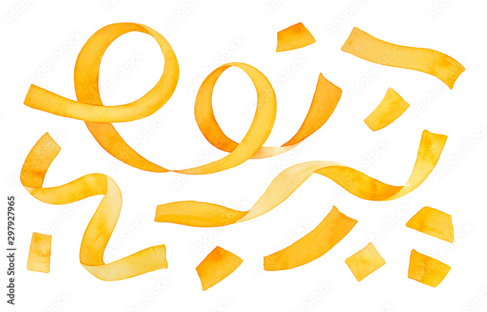 Bright yellow confetti and streamer collection. Hand drawn watercolour