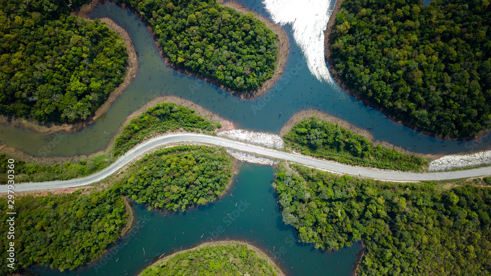 Drone shot of a street on the thakhek loop, a highlight along the famous tourist attraction in laos Drone shot of a street on the thakhek loop, a highlight along the famous tourist attraction in laos