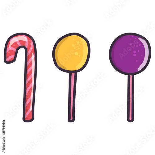 Cartoon set of lollipops on white background. Birthday celebration vector illustration. Confectionery decorative design.