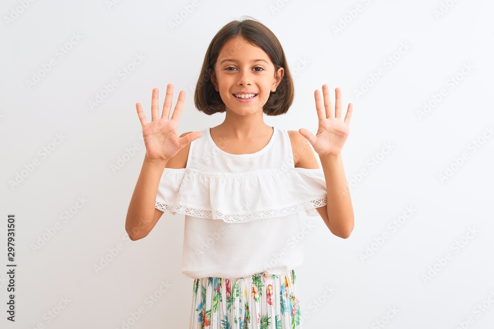 Young beautiful child girl wearing casual dress standing over isolated white background showing and pointing up with fingers number ten while smiling confident and happy. Young beautiful child girl wearing casual dress standing over isolated white background showing and pointing up with fingers number ten while smiling confident and happy.