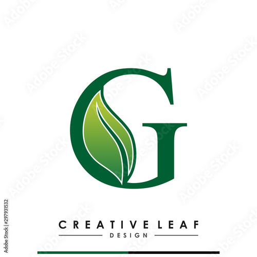 Initial Letter G With Leaf Luxury Logo. Green leaf logo Template vector Design.