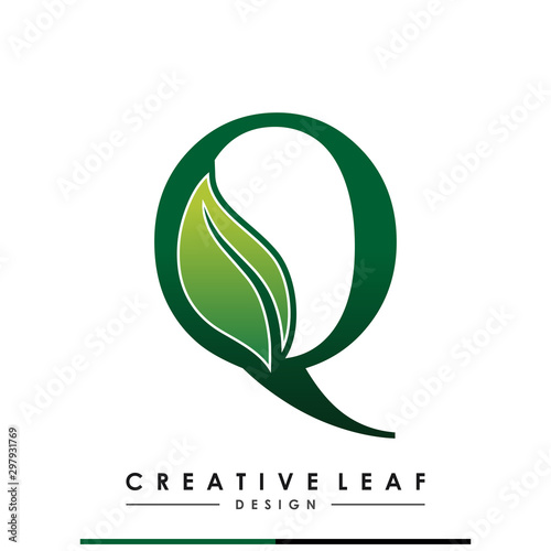 Initial Letter Q With Leaf Luxury Logo. Green leaf logo Template vector Design.