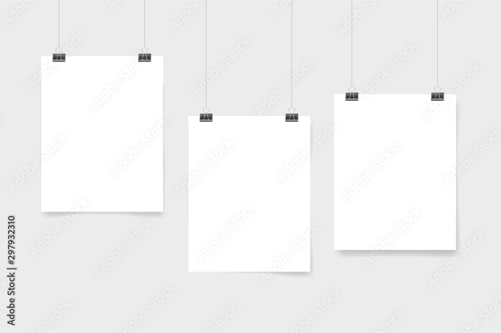 Set of three white realistic blank paper pages with shadow. Page hanging with clips Set of three white realistic blank paper pages with shadow. Page hanging with clips