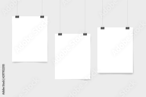 Set of three white realistic blank paper pages with shadow. Page hanging with clips