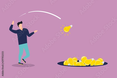man throws unwanted ideas into a hole. Vector illustration concept depicts useless and unrealizable ideas. photo