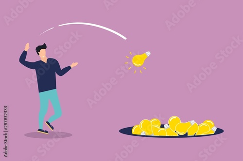 man throws unwanted ideas into a hole. Vector illustration concept depicts useless and unrealizable ideas.