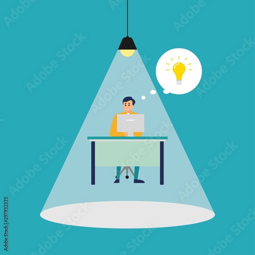 man concentrating and focusing on his computer work and thinking of new idea under a spot light. Vector artwork concept depicts focus, working hard, dedication, and high attention.